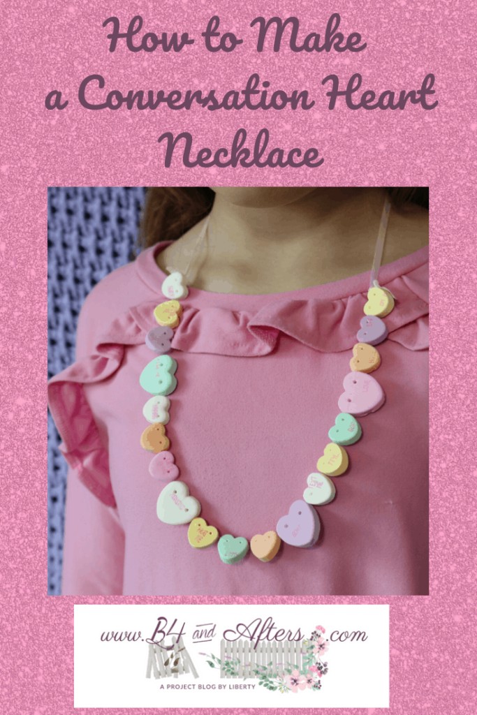 How to Make a Conversation Heart Necklace craft for Valentine's Day https://www.b4andafters.com/conversation-heart-necklace