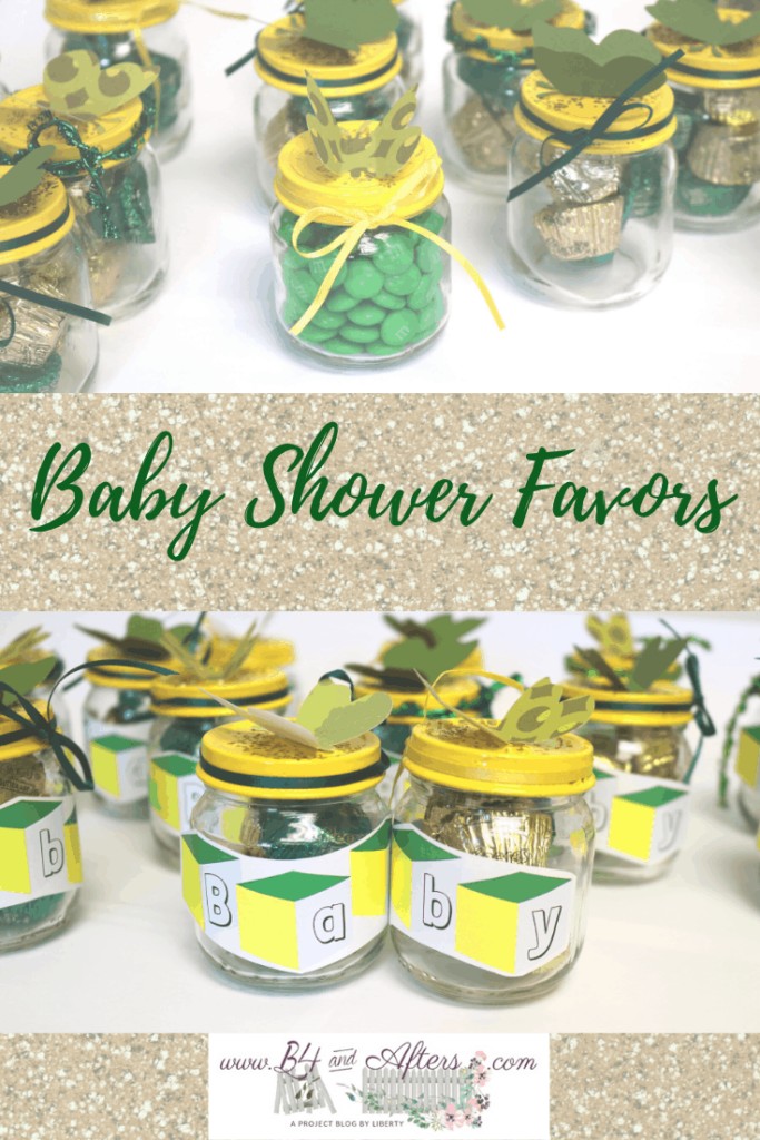 pinterest graphic of Baby Shower Favors with treat filled jars https://www.b4andafters.com/Baby-Shower-Favors