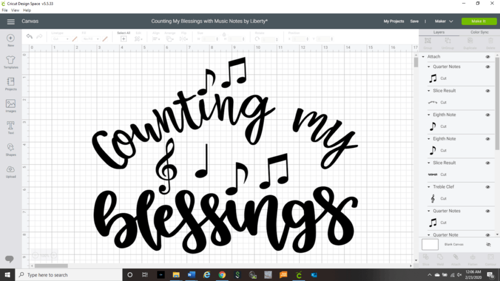 Cricut Design Space showing my design Counting My Blessings