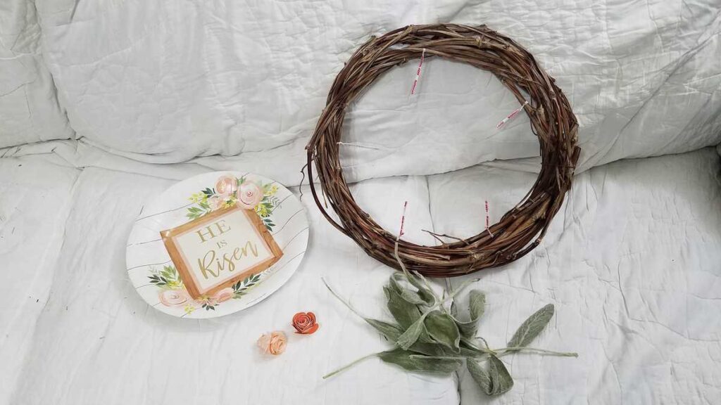 grapevine wreath, paper plate, flowers, leaves