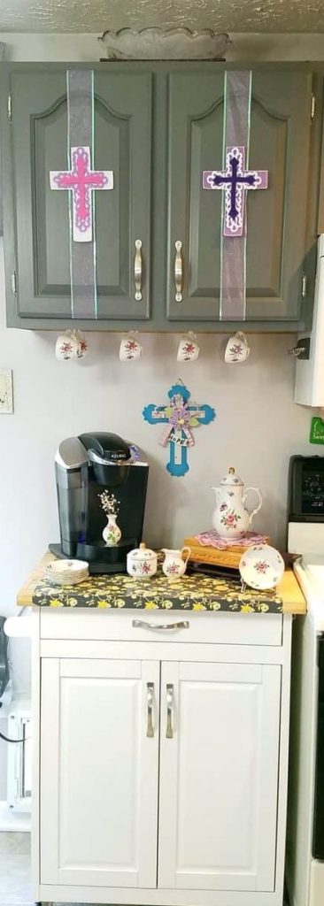 kitchen coffee station decorated for Easter