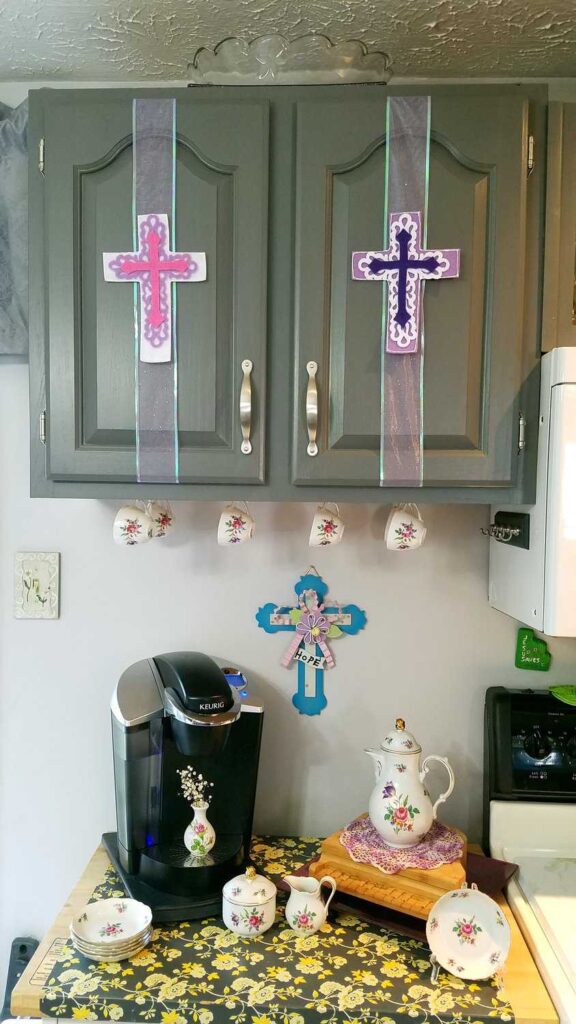 closeup of kitchen coffee station decorated for Easter