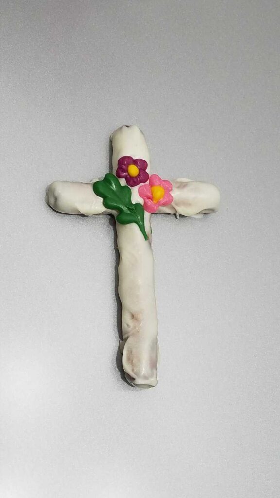 beautiful white chocolate covered Easter cross pretzel