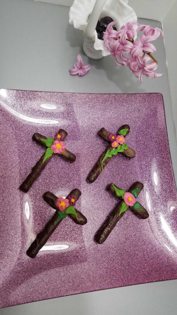 dark chocolate covered Easter cross pretzels