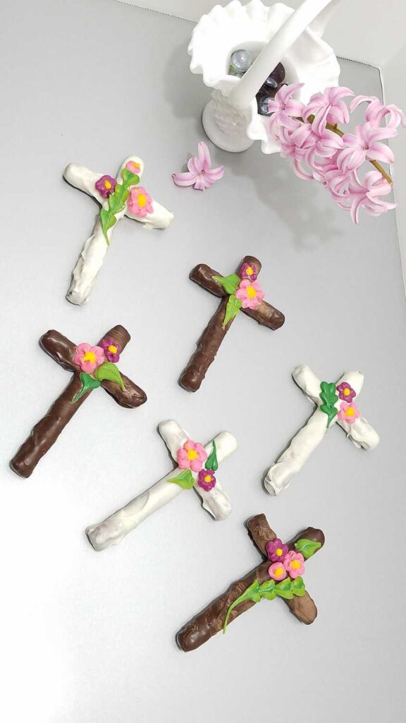 chocolate covered cross pretzels with flowers