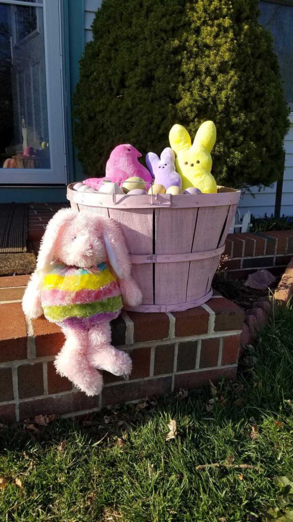 bushel basket with stuffed Easter animals