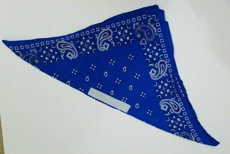 blue bandana folded in half diagonally with short strip of white velcro on the fold