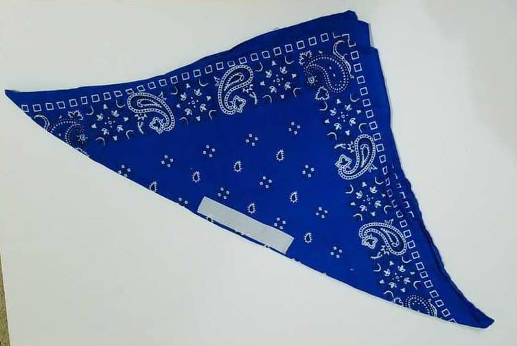 blue bandana folded in half diagonally with short strip of white velcro on the fold