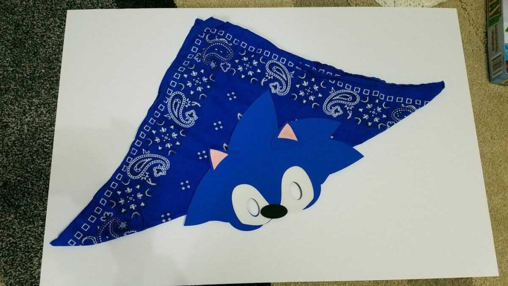 sonic face mask attached to blue bandana with velcro