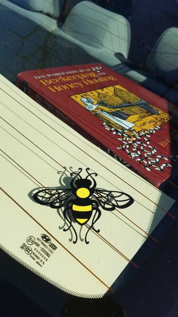 Honey Bee Window Decal with Bee book in background