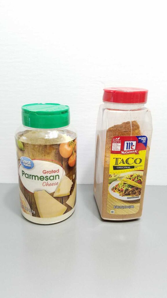 parmesan cheese container and a taco seasoning container