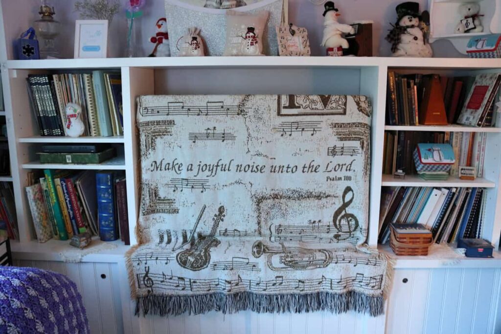 music blanket as dust cover for tv stand decor