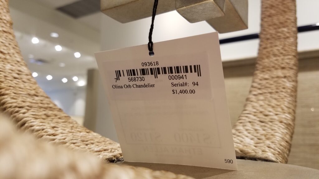 price tag of Ethan Allen Chandelier