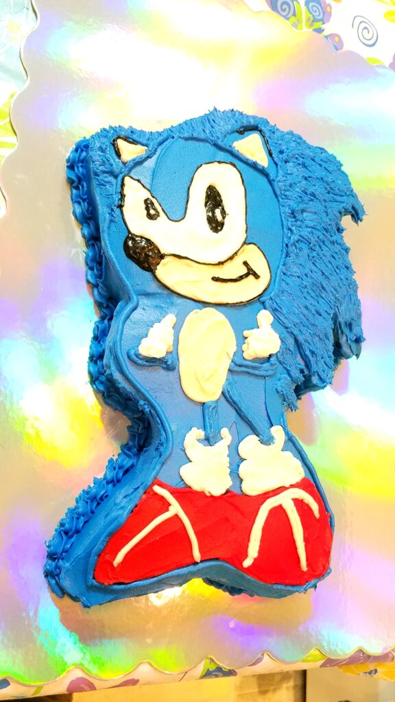 another angle of sonic the hedgehog cake showing the border