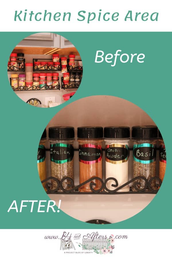 before and after pictures of kitchen spice area organized, with green background