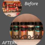 before and after pictures of kitchen spice area organized, with gray background