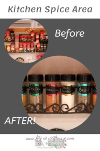 before and after pictures of kitchen spice area organized, with gray background