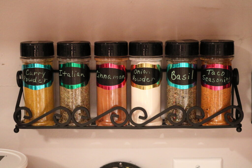 closeup of neatly labeled and organized spices