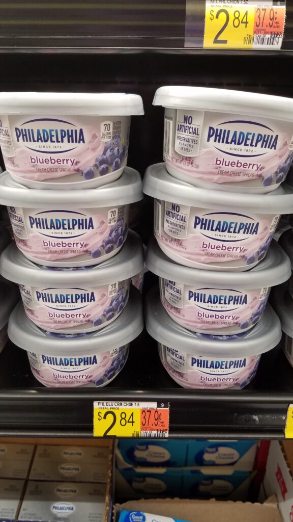 7.5 oz tubs of Philadelphia blueberry cream cheese at the store for sale for $2.84 each