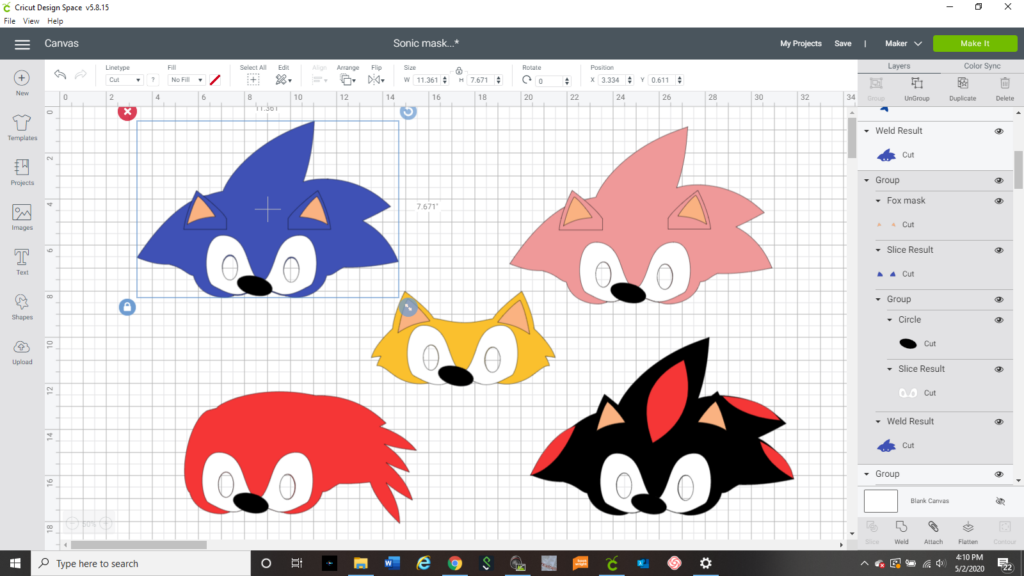 screenshot of Sonic the Hedgehog movie characters in Cricut design space