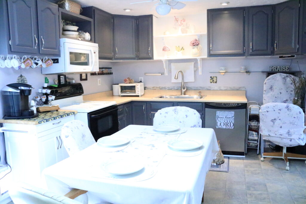 kitchen with gray painted cabinets