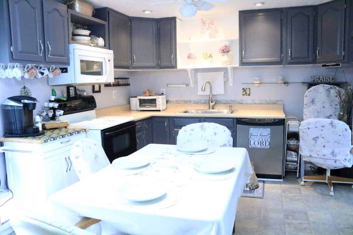 kitchen with gray cabinets