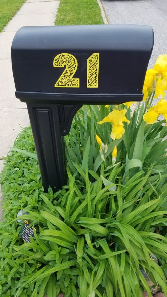 black mailbox with yellow numbers 21