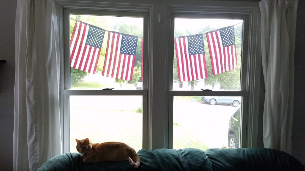 inside the house looking out the windows with flag banner on the outside of the windows