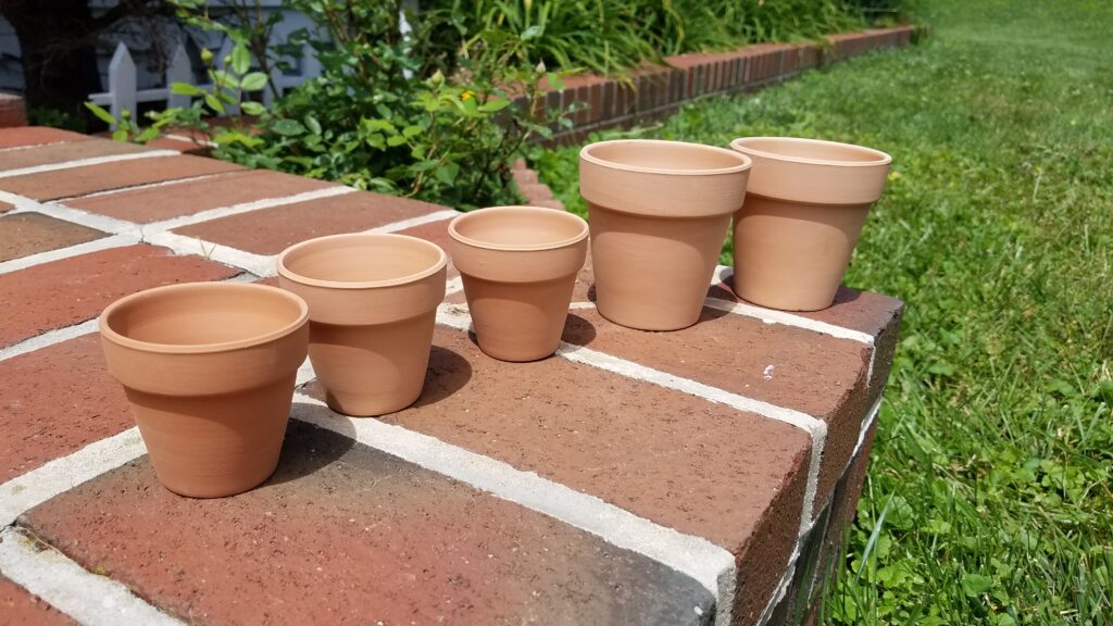 five miniature terra cotta planters