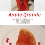 Red hot candies in a bag at the top, text, and a quarter slice of apple grande on a white plate with red hot candies nearby