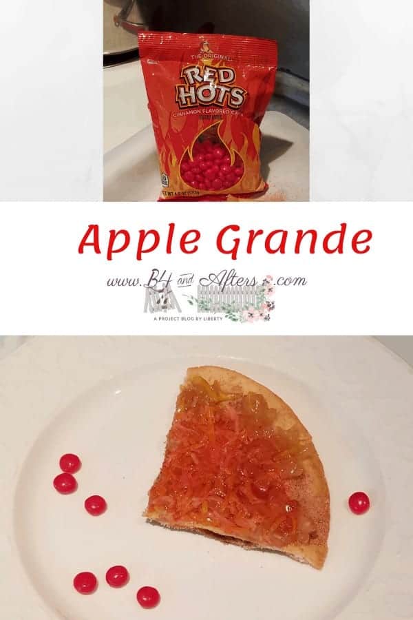 Red hot candies in a bag at the top, text, and a quarter slice of apple grande on a white plate with red hot candies nearby