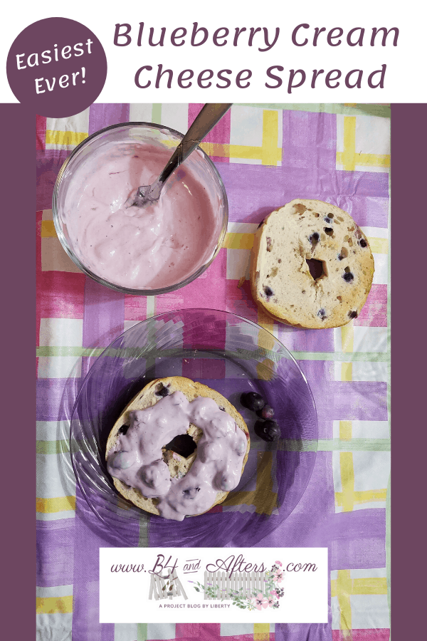 bowl of blueberry cream cheese spread with a plain bagel slice, and another bagel slice that has the cream cheese spread on it