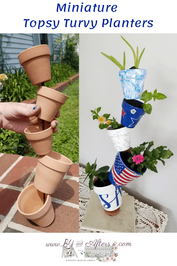 pinterest graphic before and after pictures of mini topsy turvy planters