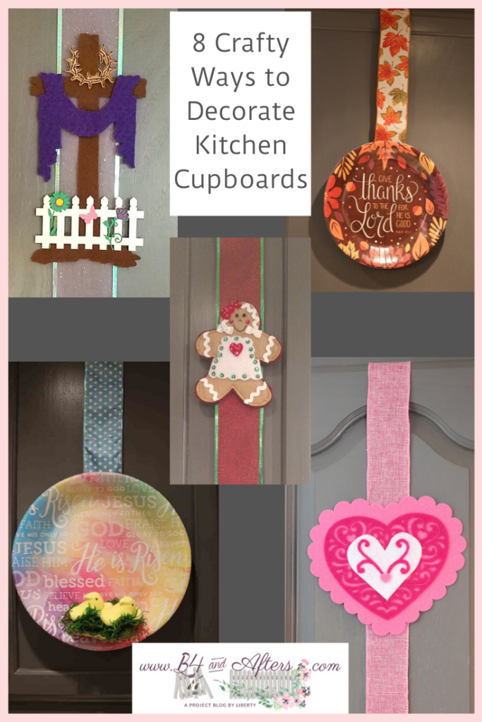 5 pictures of various ways to decorate kitchen cupboards for the holidays using paper plates and felt