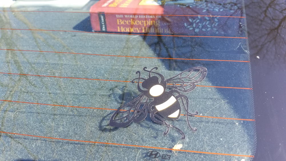 Bee decal in back car window