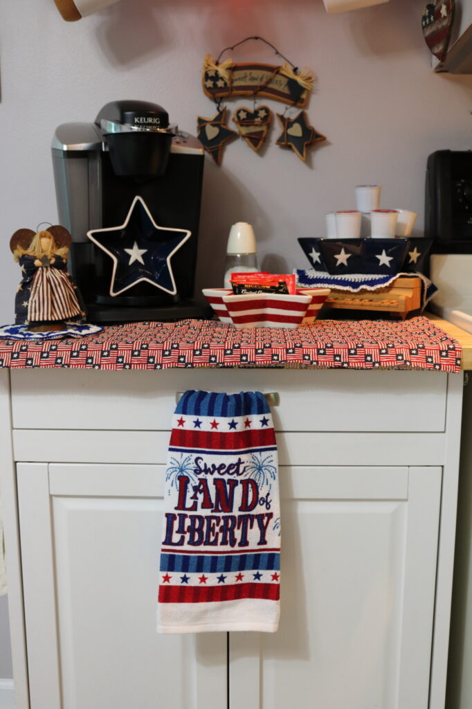 closeup of coffee station area decorated for the fourth of July