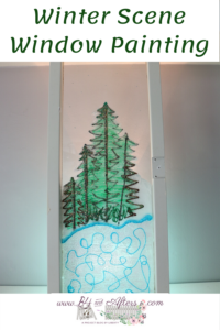 Winter Scene Window Painting of evergreen trees and pond