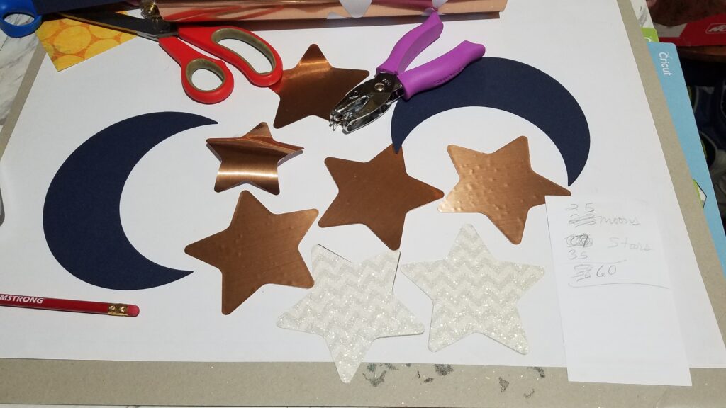 rose gold moons and navy blue cardstock stars