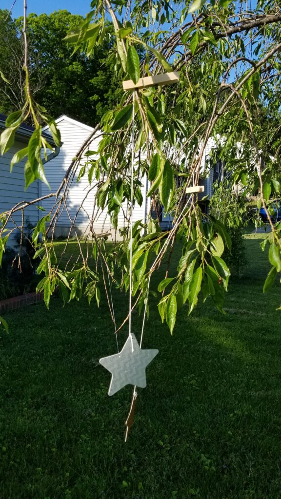 star on a string in a tree held on by a clothespin