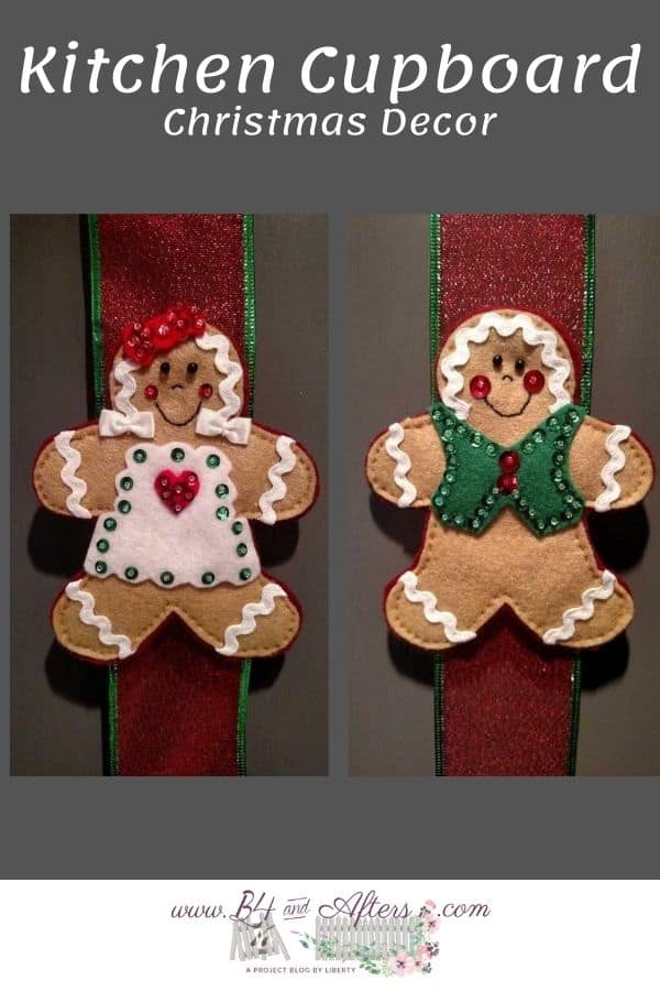 gingerbread girl and gingerbread boy on ribbon on kitchen cabinets