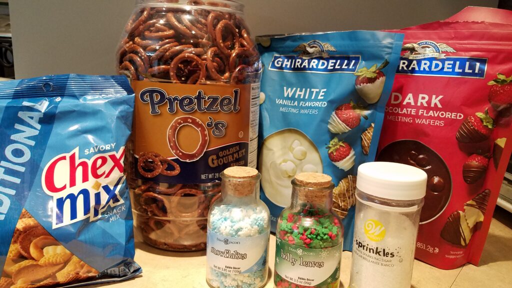 ingredients for chocolate covered snowman pretzels