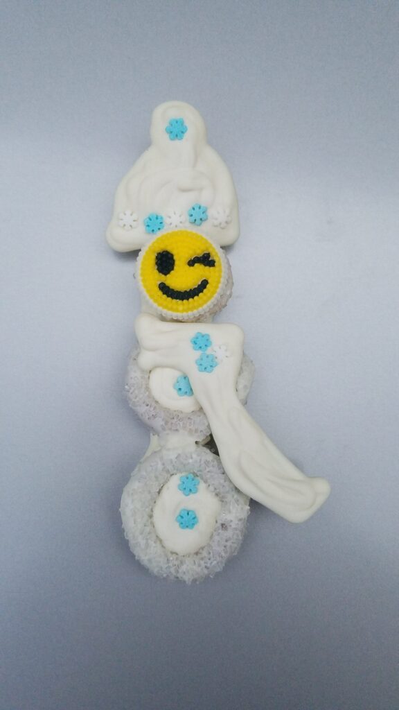 white chocolate covered snowman pretzel