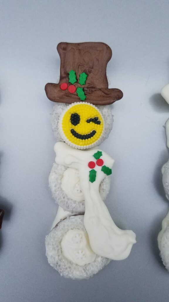 emoji face of chocolate covered snowman pretzel