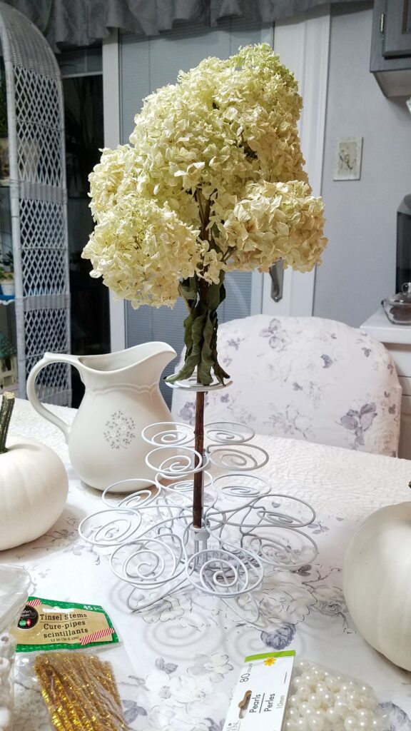 huge white hydrangea flower dried, in a white cupcake holder