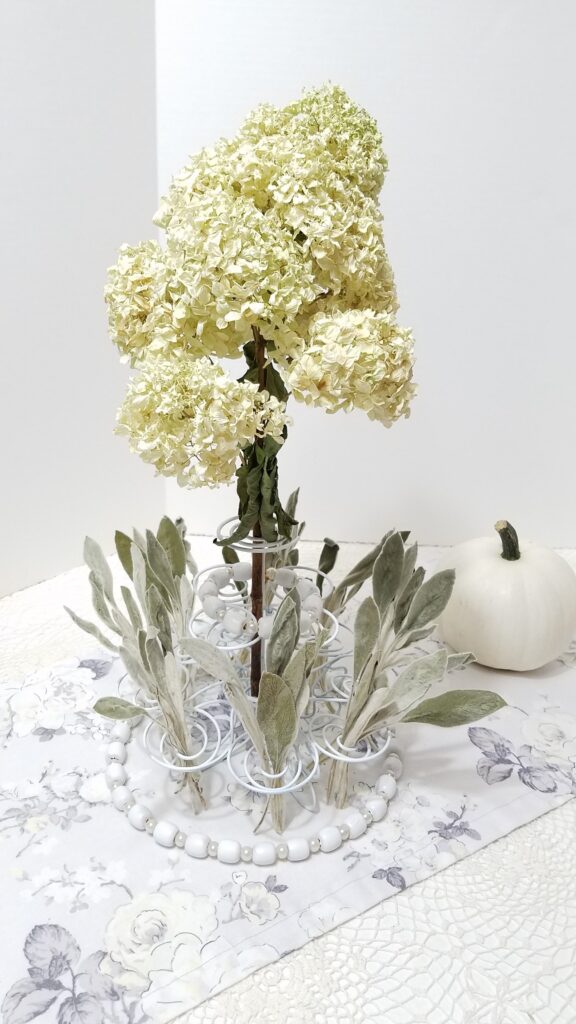 white hydrangea and lambs ear centerpiece