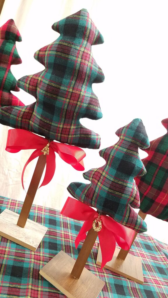 fabric trees with red ribbon