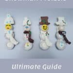 4 different chocolate covered pretzel snowmen with hats and scarves