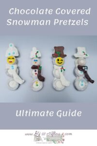 4 different chocolate covered pretzel snowmen with hats and scarves