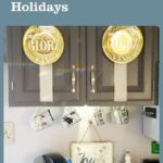Paper plates decorating a gray cabinet at a coffee station