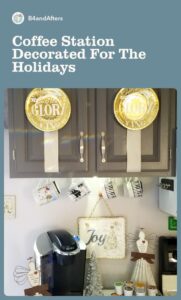 Paper plates decorating a gray cabinet at a coffee station